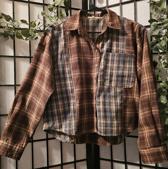 Plaid Button-Up Patchwork Shirt - Picture 1 of 3